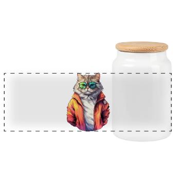 Cool 80s Cat - Panoramic Cookie Jar with Wooden Lid - white - Front