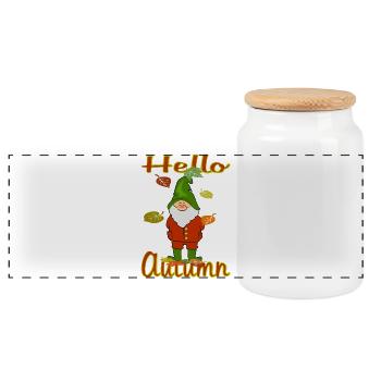 Gnomes in autumn leaves - Panoramic Cookie Jar with Wooden Lid - white - Front