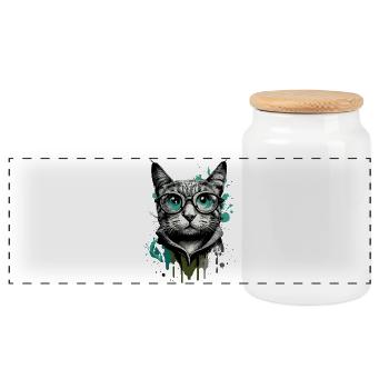 Cat with Glasses - Nerd Cat - Cat Face - Panoramic Cookie Jar with Wooden Lid - white - Front