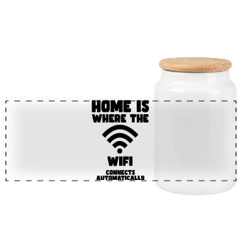 Home is where WiFi automatically connects* - Panoramic Cookie Jar with Wooden Lid - white - Front