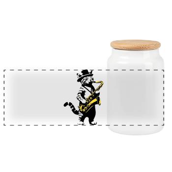 Cat Saxophone Music Street Art Stencils Style - Panoramic Cookie Jar with Wooden Lid - white - Front