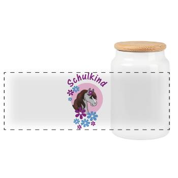 Schulkind - Pony mit Blumen rosa hellblau - Panorama Keksdose mit Holzdeckel - Weiß - Vorne