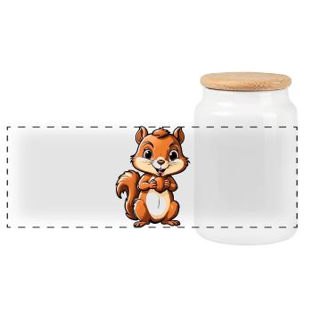Cute Cartoon Squirrel Holding Acorn - Panoramic Cookie Jar with Wooden Lid - white - Front