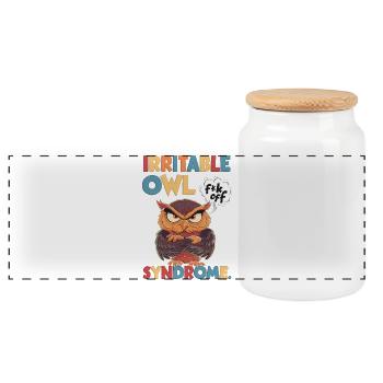 Irritable Owl Syndrome, funny pun - Panoramic Cookie Jar with Wooden Lid - white - Front