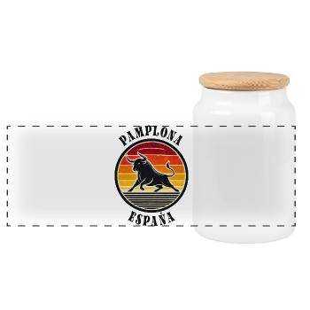 Pamplona Spain City of España - Panoramic Cookie Jar with Wooden Lid - white - Front