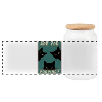 black fat cat fat are you pooping - Panoramic Cookie Jar with Wooden Lid - white - Front