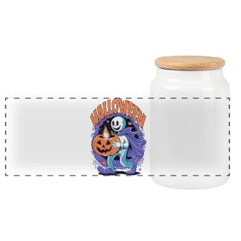 Sourire d’Halloween avec fantôme et citrouille - Boîte à biscuits avec couvercle en bois - blanc - Devant