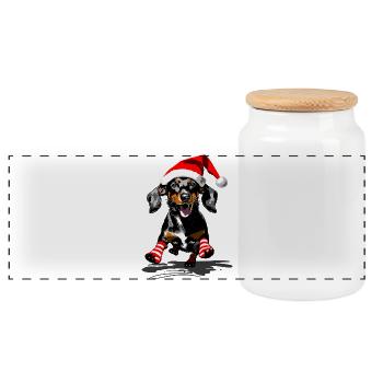 Dachshund with Santa hat and striped socks - Panoramic Cookie Jar with Wooden Lid - white - Front