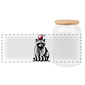 Waschbär mit Apfel – Verspieltes Stencil-Design - Panorama Keksdose mit Holzdeckel - Weiß - Vorne