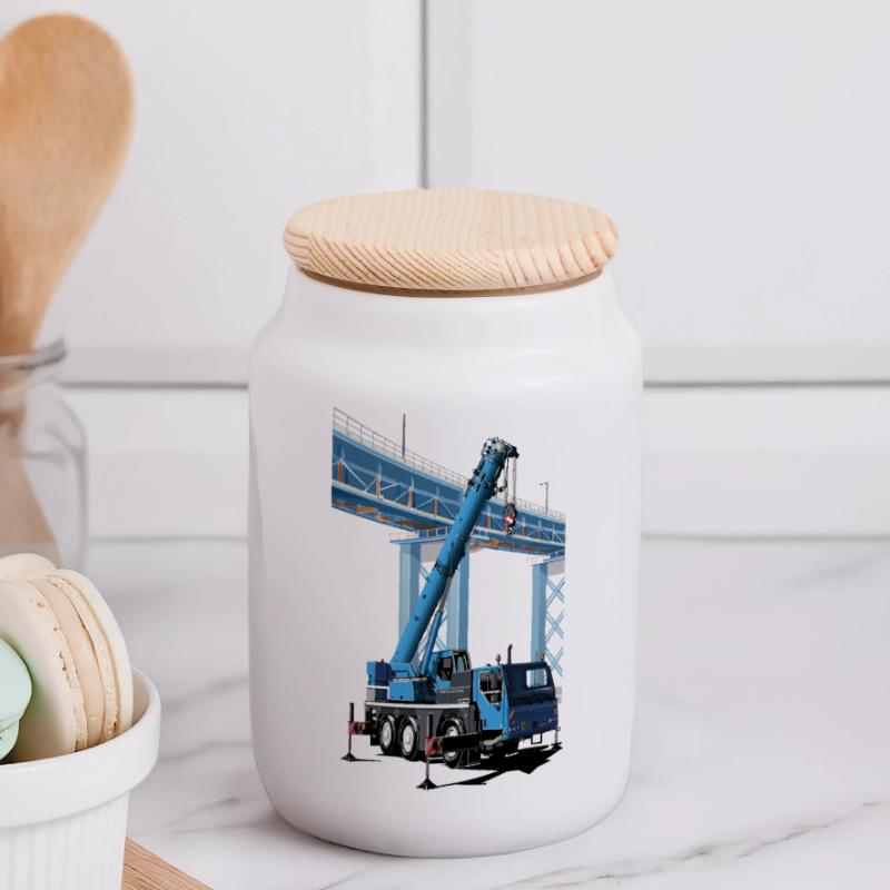 Mobile crane assembles bridge sections Panoramic Cookie Jar with Wooden Lid