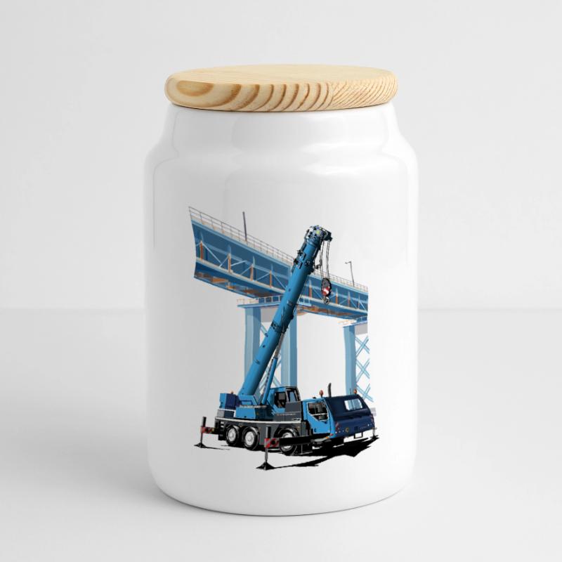Mobile crane assembles bridge sections Panoramic Cookie Jar with Wooden Lid