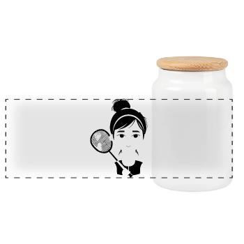 Badminton Player Cartoon Style - Panoramic Cookie Jar with Wooden Lid - white - Front