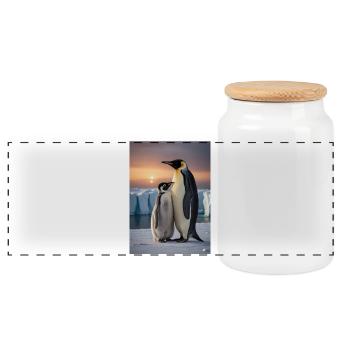 Pinguin mit Jungtier auf Eisscholle am Südpol - Panorama Keksdose mit Holzdeckel - Weiß - Vorne