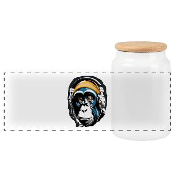 Music Monkey Chimpanzee Headphones as a Gift Idea - Panoramic Cookie Jar with Wooden Lid - white - Front