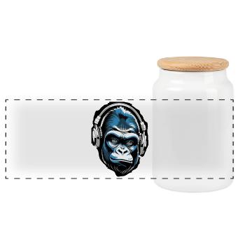 Musik Affe Gorilla mit Kopfhoerer als Geschenkidee - Panorama Keksdose mit Holzdeckel - Weiß - Vorne