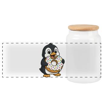 Cute Penguin with Donut Dessert Snacking - Panoramic Cookie Jar with Wooden Lid - white - Front