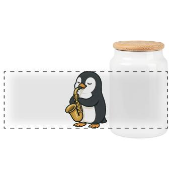 Cute Penguin Saxophonist Jazz Music Cartoon - Panoramic Cookie Jar with Wooden Lid - white - Front