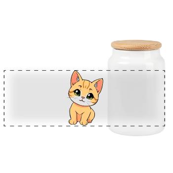 Cute cat - Panoramic Cookie Jar with Wooden Lid - white - Front