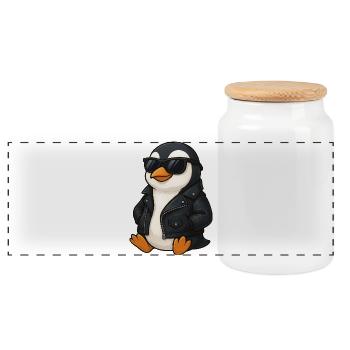 Cool Penguin with Sunglasses and Leather Jacket 60s - Panoramic Cookie Jar with Wooden Lid - white - Front