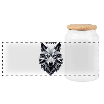 Geometric wolf with "Wild Spirit" motif - Panoramic Cookie Jar with Wooden Lid - white - Front