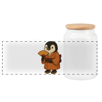 Pinguin Japan Tradition Kleidung Blumenmuster  - Panorama Keksdose mit Holzdeckel - Weiß - Vorne