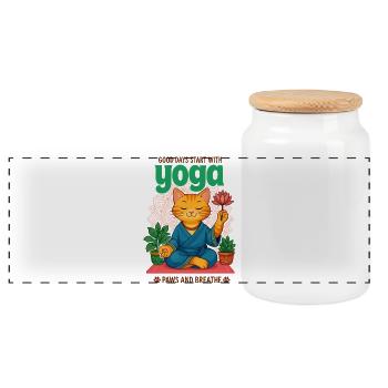 Zen yoga cat with lotus and plants - Panoramic Cookie Jar with Wooden Lid - white - Front