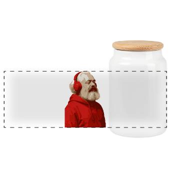 Karl Marx in red hoodie and headphones listen to m - Panoramic Cookie Jar with Wooden Lid - white - Front