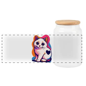Bunte Katze mit Herz-Akzent - Panorama Keksdose mit Holzdeckel - Weiß - Vorne