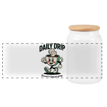 Daily Brew Retro Coffee Cup Art - Panoramic Cookie Jar with Wooden Lid - white - Front