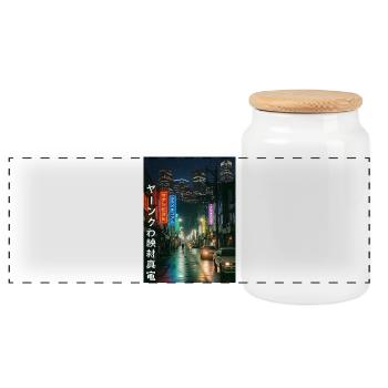Neon Light Night City Scenes - Panoramic Cookie Jar with Wooden Lid - white - Front