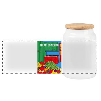 The Art Of Cooking Illustration - Panoramic Cookie Jar with Wooden Lid - white - Front