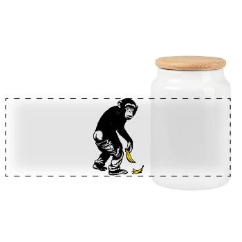 Graphic monkey with banana slides down the pants - Panoramic Cookie Jar with Wooden Lid - white - Front