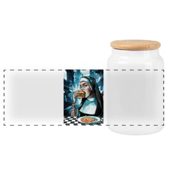 Neon nun bites burger in Cybercity - Panoramic Cookie Jar with Wooden Lid - white - Front