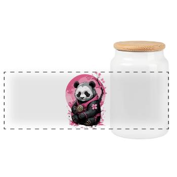 Pink panda in floral kimono - Panoramic Cookie Jar with Wooden Lid - white - Front