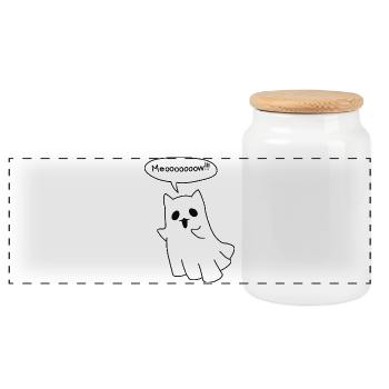 Chat fantôme effrayant - Miaulement d’Halloween - Boîte à biscuits avec couvercle en bois - blanc - Devant