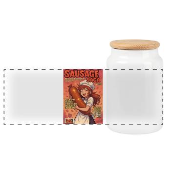 Wurst Saga fake Comic Magazin Köchin - Panorama Keksdose mit Holzdeckel - Weiß - Vorne