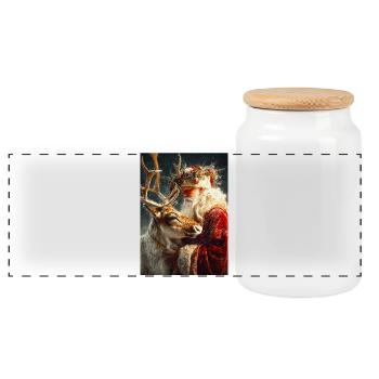 Winter Santa and Reindeer Embrace - Panoramic Cookie Jar with Wooden Lid - white - Front