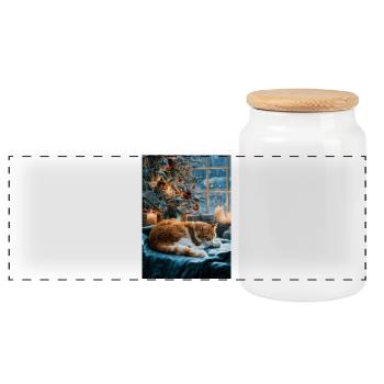 Gemütliches Weihnachts-Katzenschläfchen - Panorama Keksdose mit Holzdeckel - Weiß - Vorne