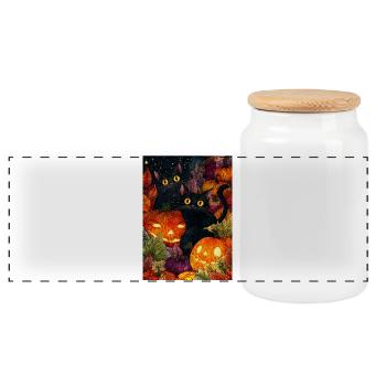 Halloween Mondschein Kürbis Katzen - Panorama Keksdose mit Holzdeckel - Weiß - Vorne