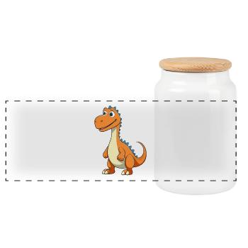Fröhlicher Dino Cartoon - Panorama Keksdose mit Holzdeckel - Weiß - Vorne