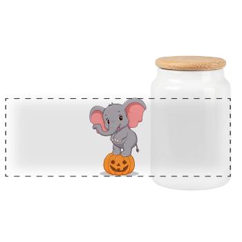 Cartoon Elephant on Halloween Pumpkin - Panoramic Cookie Jar with Wooden Lid - white - Front