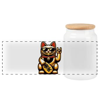 Metal-Neko – Rockige Maneki Neko Katze - Panorama Keksdose mit Holzdeckel - Weiß - Vorne