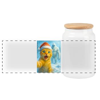 chat, chapeau de Père Noël, Yéti, Noël, neige, mème, selfi - Boîte à biscuits avec couvercle en bois - blanc - Devant