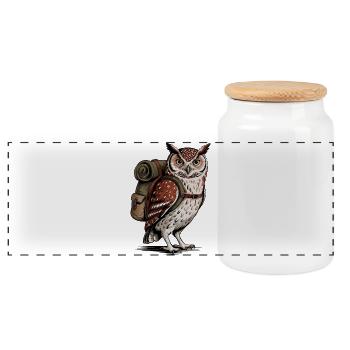 Forest owl with backpack - Panoramic Cookie Jar with Wooden Lid - white - Front