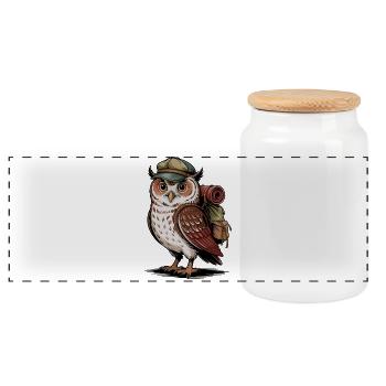 Wandering owl with backpack - Panoramic Cookie Jar with Wooden Lid - white - Front
