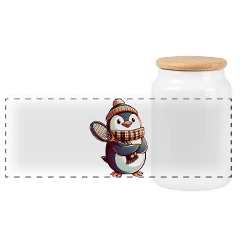 Penguin Tennis Winter with Hat and Scarf - Panoramic Cookie Jar with Wooden Lid - white - Front