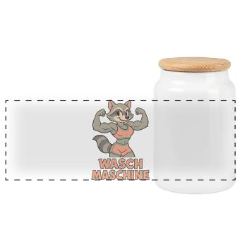 Wasch Maschine Waschbär Frau witzig Gym Geschenk - Panorama Keksdose mit Holzdeckel - Weiß - Vorne