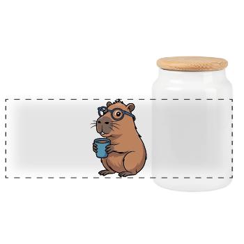 Coffee drinking capybara with glasses - Panoramic Cookie Jar with Wooden Lid - white - Front