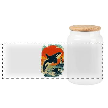 Orca Whale Family Lighthouse Vintage Sunset - Panoramic Cookie Jar with Wooden Lid - white - Front