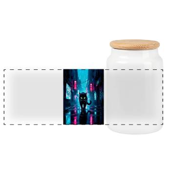 Schwarze CyberpunkKatze in neonfarbener Regenstadt - Panorama Keksdose mit Holzdeckel - Weiß - Vorne